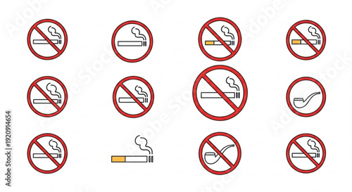No smoking symbols various prohibited cigarette icons on white background