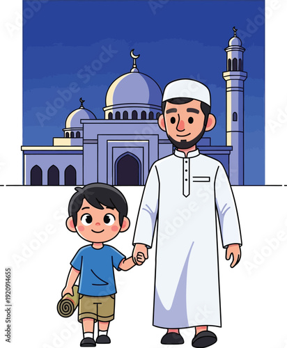 A young boy and man in Islamic attire standing together in front of a mosque during Ramadhan, vector illustration