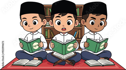 Ramadhan boy reading islamic book on red carpet surrounded by books and islamic elements in a serene environment