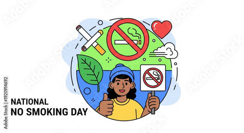 National no smoking day illustration with woman holding sign and giving thumbs up