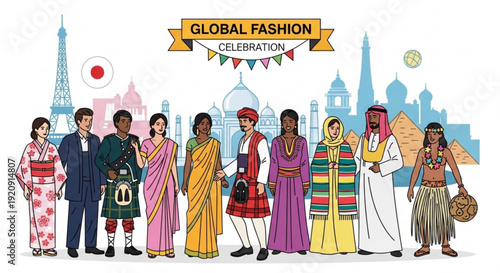 Global fashion celebration with diverse people in traditional clothing