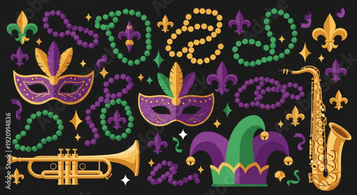 Mardi gras masks beads and jazz instruments on black background