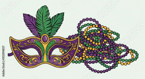 Mardi gras mask with purple green and gold beads and feathers decoration