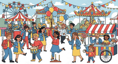 People enjoying a colorful amusement park on a sunny day with rides and food