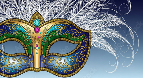 Vibrant mardi gras mask with feathers and jewels on gradient background