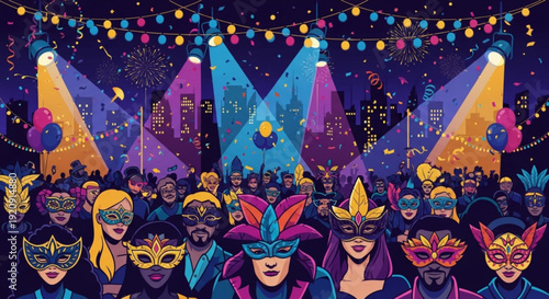 Mardi gras party crowd wearing colorful masks and costumes at night festival