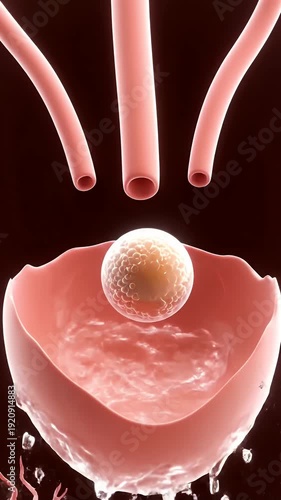 Detailed 3D Visualization of the Female Ovulation Process Showing an Egg Cell Releasing from the Ovary into the Fallopian Tube with Fluid Dynamics