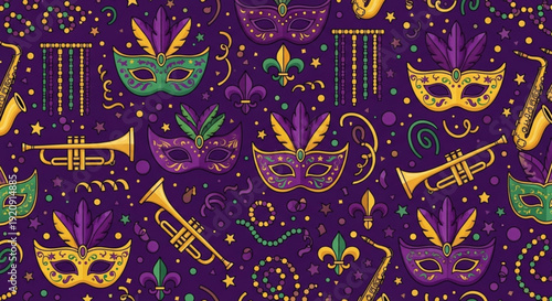 Vibrant mardi gras carnival mask and trumpet pattern in purple background