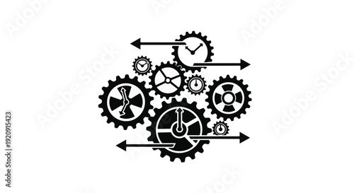 black gears and clock icons for business productivity concept