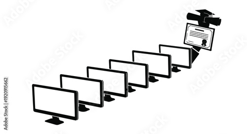 Multiple computer monitors in a row with one displaying a video call