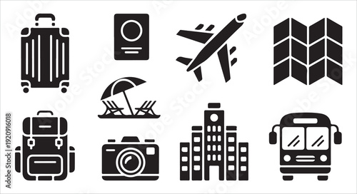 Tourism and vacation graphics set including backpack skyscraper umbrella and city bus icons
