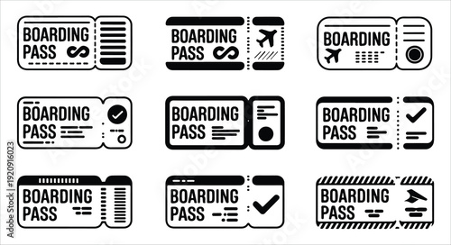 Airplane boarding pass icon set with check mark symbols for flight verification and booking
