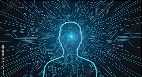 Digital human brain with glowing blue circuits and technology background