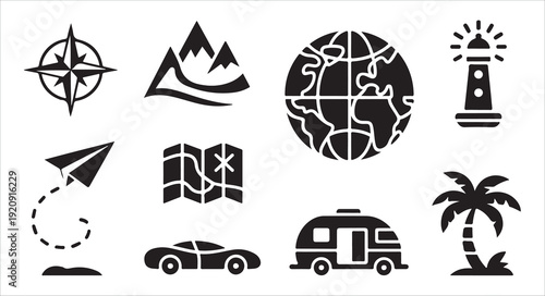 Set of travel icon, tourism element for vacation, journey, compass, mountain, globe, map