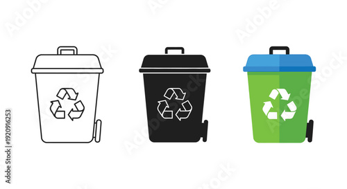 Collection of three distinct recycling bin icons featuring line art solid silhouette and colorful flat design styles for ecology concepts
