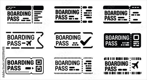 Set of diverse black boarding pass icons on white background representing travel elements