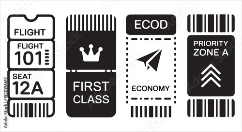Diverse vector icons representing travel classes and flight details like economy and first class