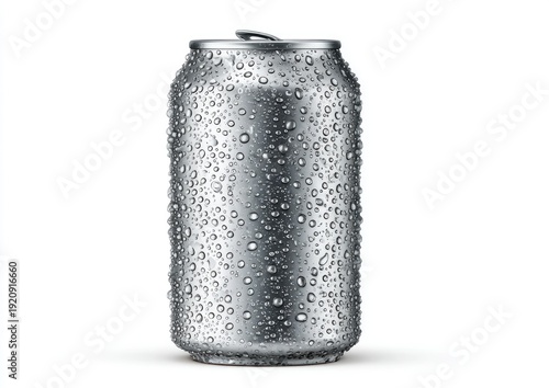 A close-up of a silver beverage can covered in glistening water droplets, isolated on white