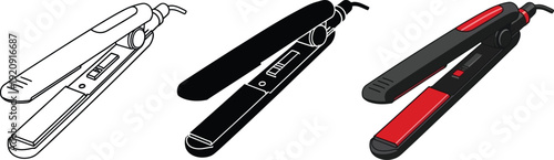 Collection of hair straightener icons including line art silhouette and color vector designs for beauty and styling concepts