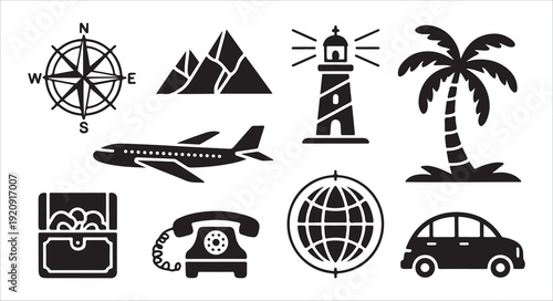 Travel and exploration vector icons including compass, mountains, lighthouse, airplane, palm tree, car