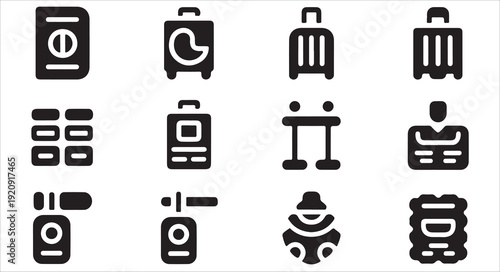 Airport security and luggage handling icons featuring passport scanners and barrier systems