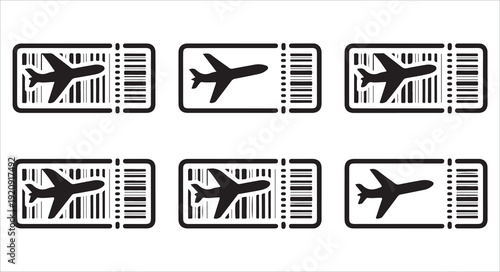 Boarding pass icons set isolated on white background, black airplane travel tickets