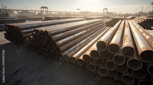 Massive industrial storage yard featuring neatly stacked piles of large, weathered metal pipes ready for heavy construction or infrastructure projects outdoors.