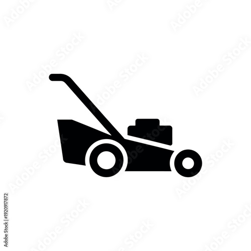 Black and white lawn mower with handle and wheels garden tool 1