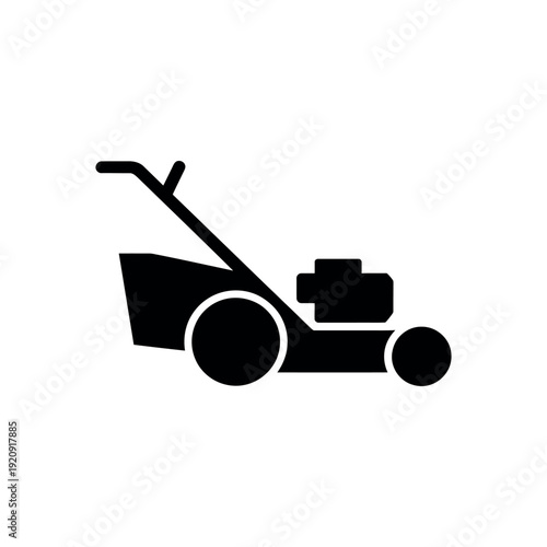 Black and white lawn mower with handle and wheels