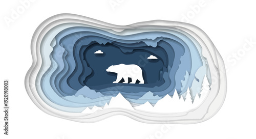 A white polar bear character illustration on a blue and white abstract background with snow and iceberg elements for Polar Bears International Day design or event material.