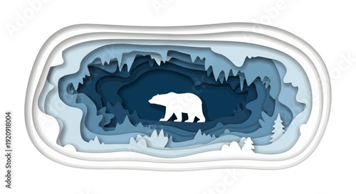 A white polar bear character illustration on a layered design with snow, iceberg, and forest elements for Polar Bear Day or International events.