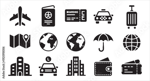 Global tourism collection with airplane passport ticket taxi luggage map globe and wallet
