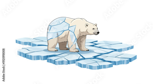 A polar bear character illustration standing on melting ice blocks on International Polar Bear Day with a design event theme.