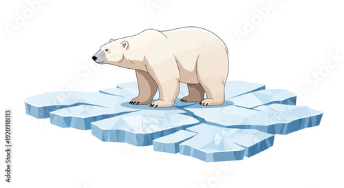 A polar bear stands on a broken iceberg with a concerned expression on Polar Bears International day, a vector illustration design element.