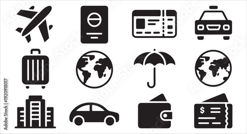 Trip planning elements with aircraft identity card boarding ticket car suitcase and globe