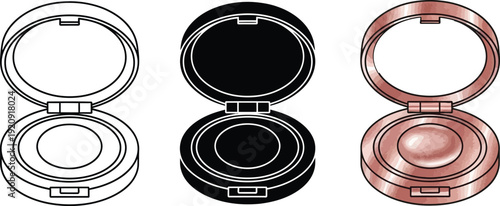 Collection of compact powder cases open and closed in outline silhouette and realistic styles for beauty and makeup concepts