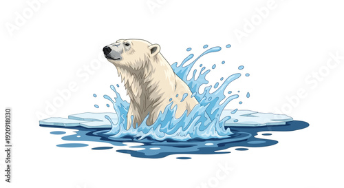 A polar bear character illustration swimming in icy waters on Polar Bear Day, with snow and iceberg elements, designed for an international event, against a white background.