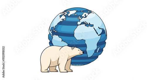 Illustration of a polar bear standing next to a globe on Polar Bears International day, symbolizing conservation efforts on a white background with a design for an event.