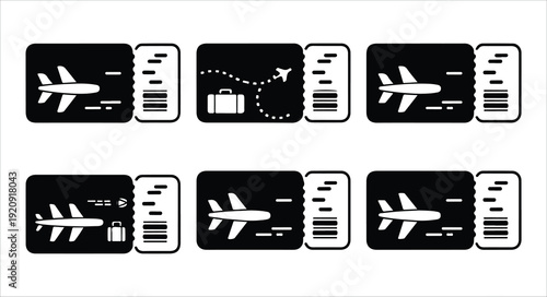 Airline boarding pass set showing flight route airplane icon baggage check and barcode data