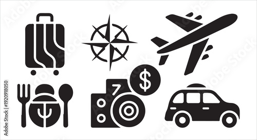 Travel related vector icon set including suitcase, compass, airplane, food, camera and taxi