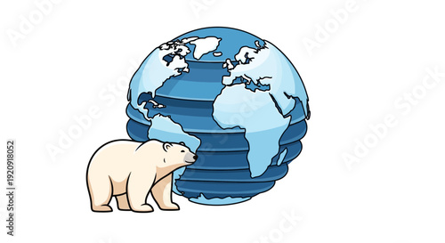 A white polar bear character illustration standing next to a stylized blue globe with iceberg design elements on a clean white background, celebrating Polar Bears International day.