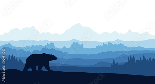 Illustration of a polar bear walking on a snowy landscape with an iceberg and mountains in the background, celebrating Polar Bears International day.