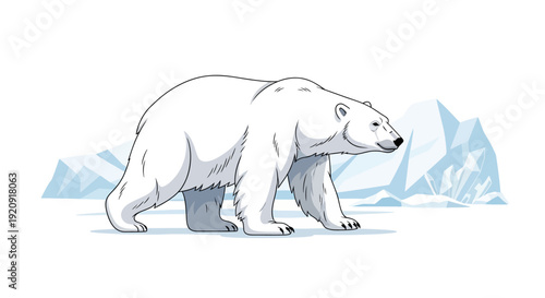A white polar bear illustration walking on ice with a snowy iceberg background on Polar Bear Day, symbolizing the international conservation event.