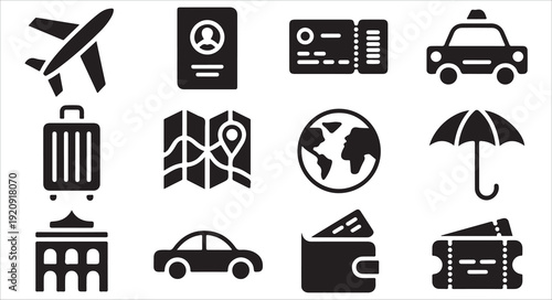 Travel and tourism flat vector icon set including airplane, passport, ticket and car for web design