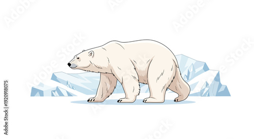 A white polar bear character walks in front of an iceberg and snowy landscape on Polar Bear Day, an illustration for an international design event.