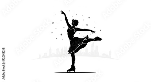 Woman ice skating in city silhouette with sparkles and urban background at night