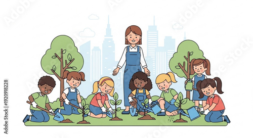 Diverse children and teacher planting trees in urban park for environmental education and sustainability