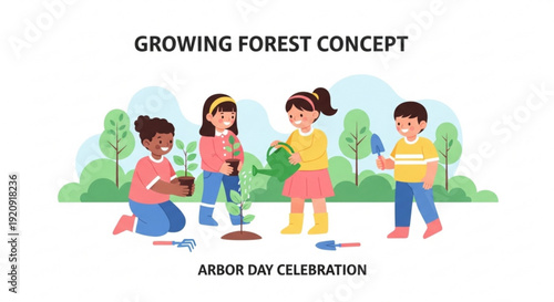Children planting trees on arbor day growing forest concept with kids celebrating environmental conservation