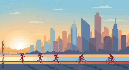 Cyclists and runners enjoying a scenic ride along the city skyline at sunrise with modern buildings in the background