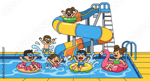 Children playing on colorful water slides and pool with inflatable rings on a sunny day at a water park